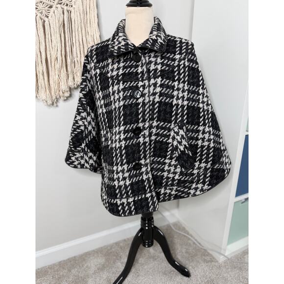 Women's Black White Classic Houndstooth Plaid Wool Blend Poncho Cape Coat Medium - Picture 1 of 5